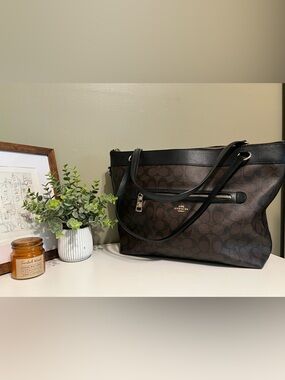 Coach Brown Signature Canvas Gallery Tote with Black Trim and Gold Hardware
